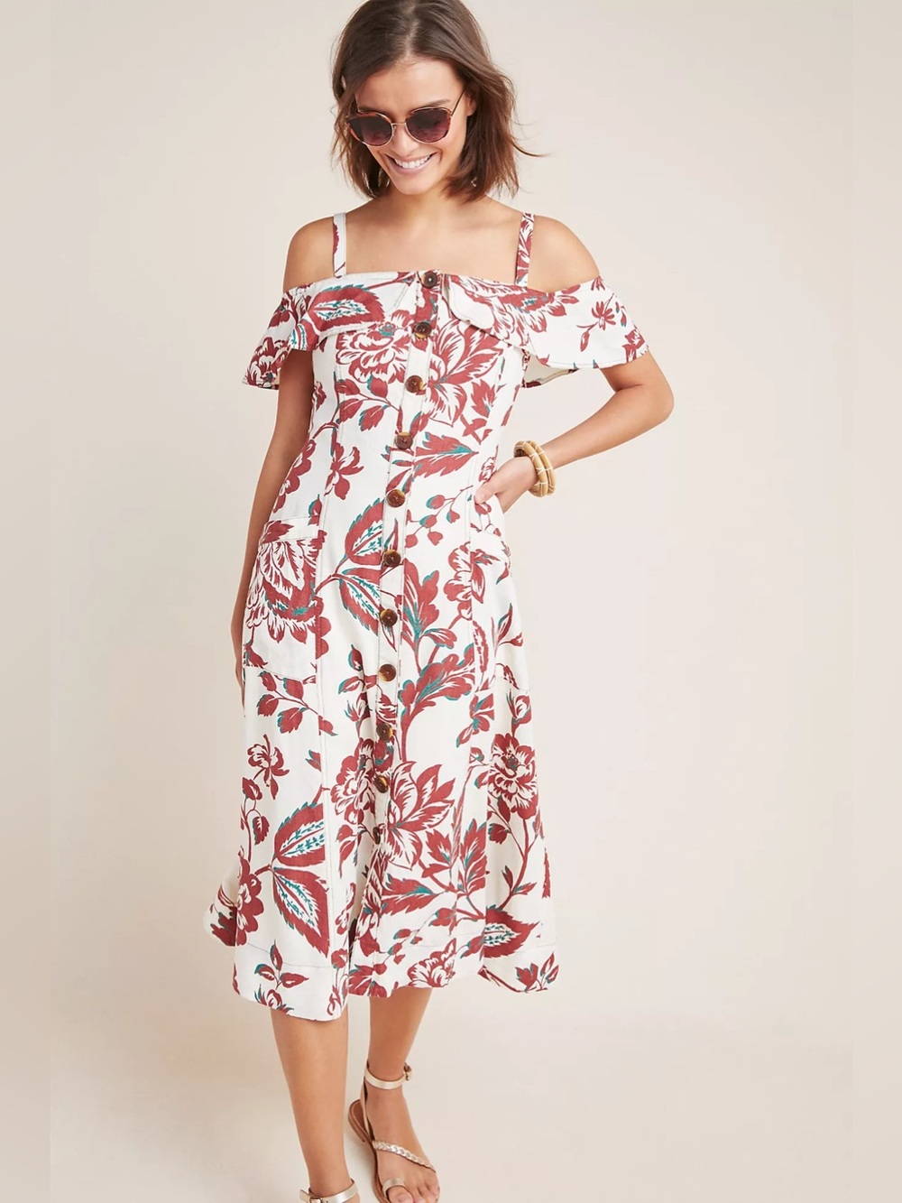 Anthropologie Floral Off Shoulder Linen Blend Midi Dress Button Front US 6‎